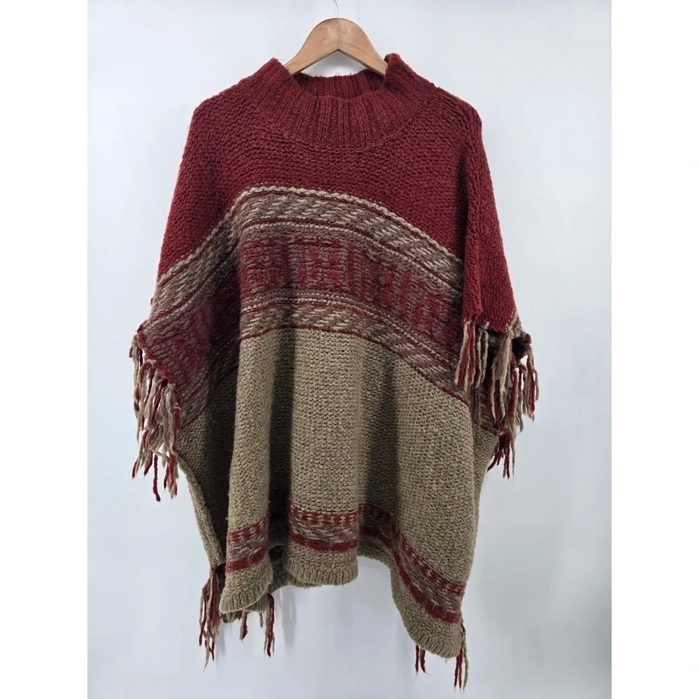 Free People Poncho Sweater Womens M/L Red Tan Fair Isle Fringe Mock Neck Boho